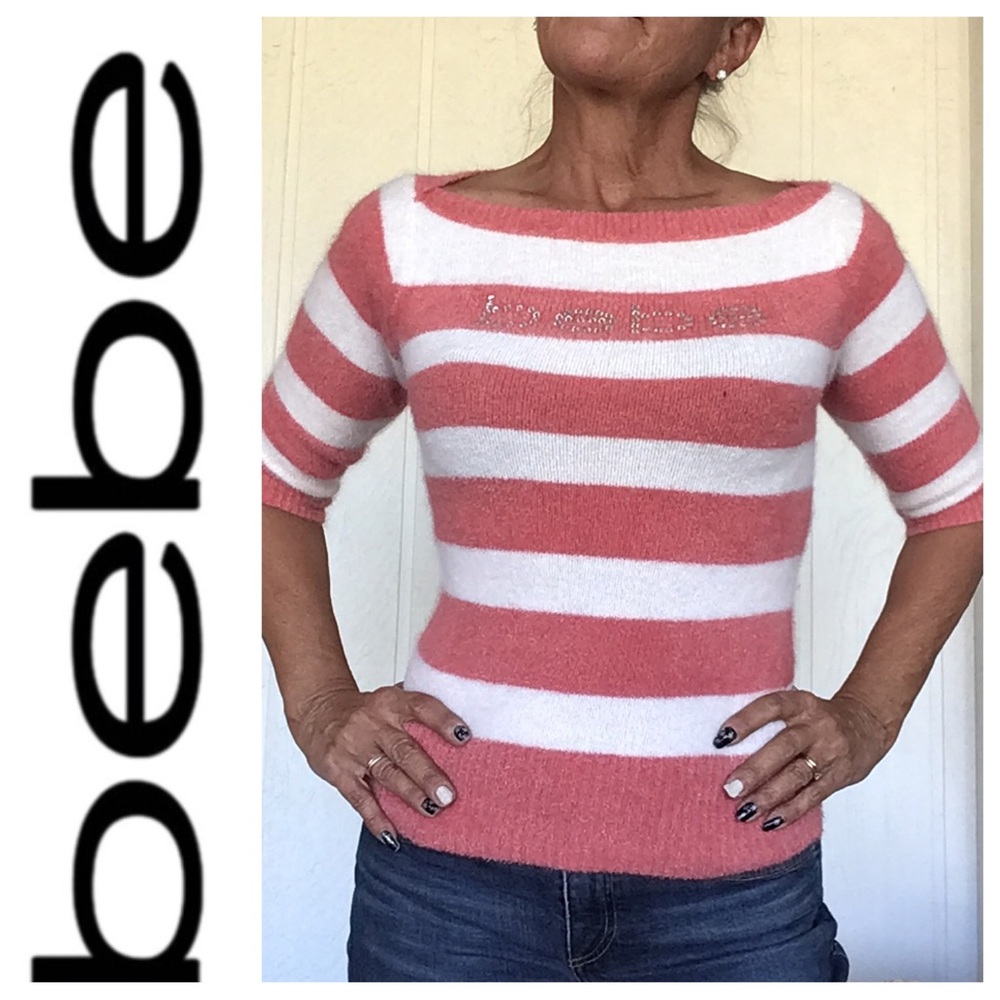 BEBE STRIPED FUZZY ANGORA SWEATER SMALL BELLINI/WHITE SMALL